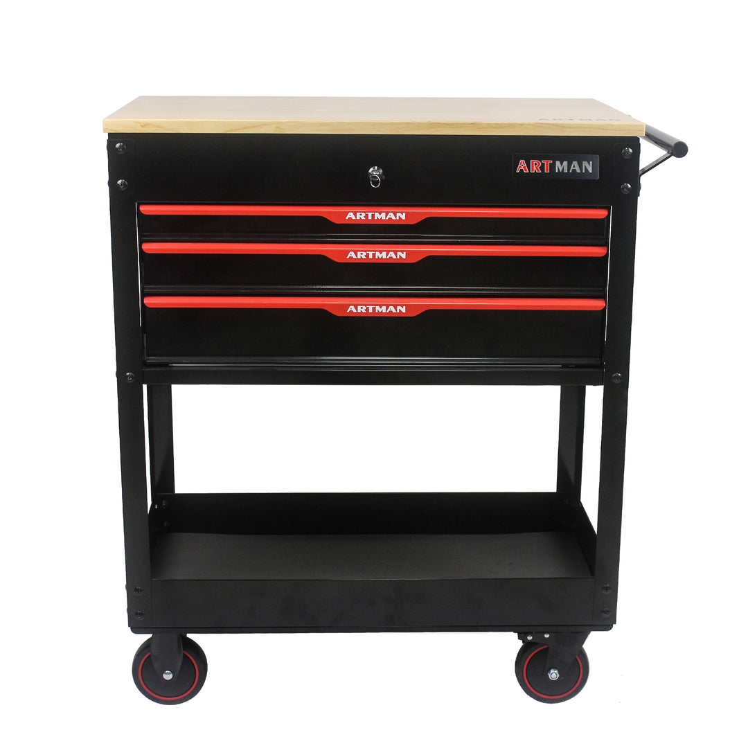 3 DRAWERS MULTIFUNCTIONAL TOOL CART WITH WHEELS AND WOODEN TOP