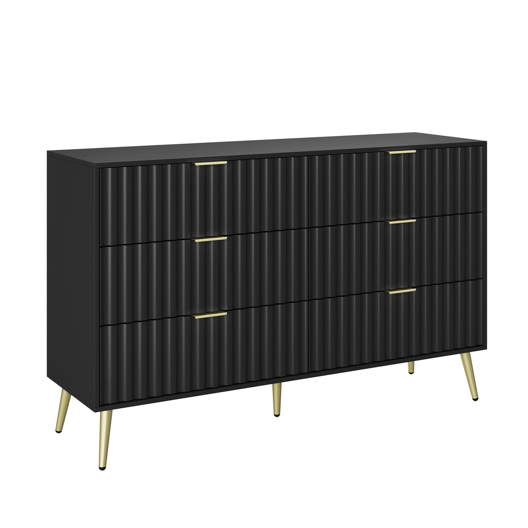 Black Modern 6 Drawers for Living Room for Hallway with Gold Handles Bedroom Chest of Drawers