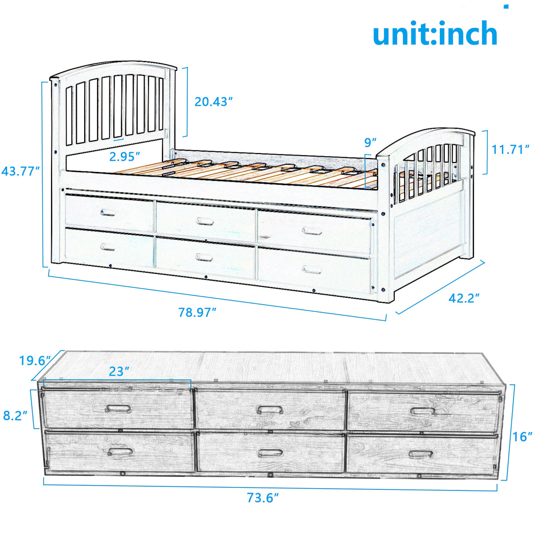 Orisfur. Twin Size Platform Storage Bed Solid Wood Bed with 6 Drawers