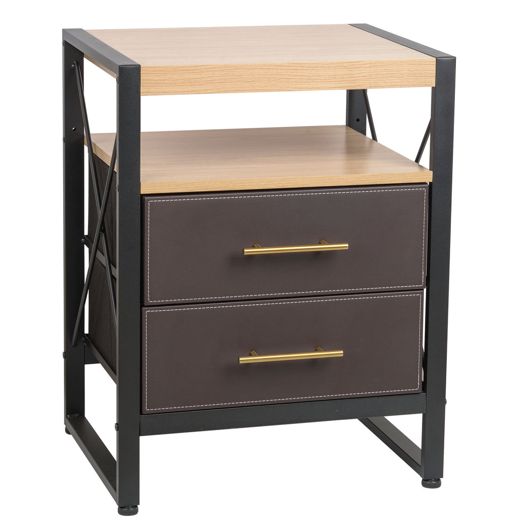 Nightstand with 2 Drawers with Removable Fabric Bins, for Bedroom, Living Room - Sturdy Iron Frame, Wood Top, Gold Pull Handle