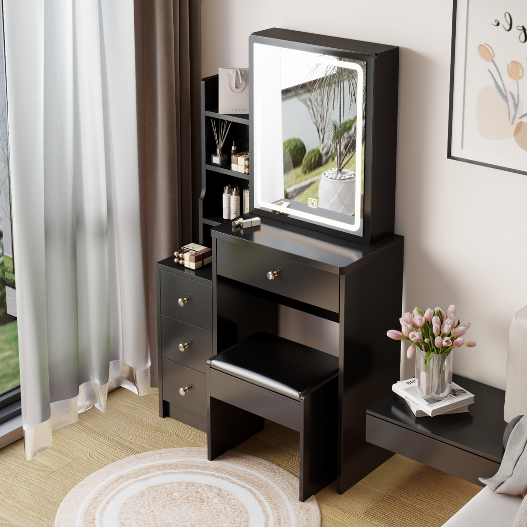 Left Bedside Cabinet Vanity Table + Cushioned Stool, Extra Large Sliding LED Mirror, Touch Control, Tri-color, Brightness Adjustable, Multi-Layer, High Capacity Storage, Practical Fashionable Dresser