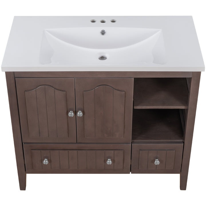 [VIDEO] 36" Bathroom Vanity with Ceramic Basin, Bathroom Storage Cabinet with Two Doors and Drawers, Solid Frame, Metal Handles, Brown (OLD SKU: JL000003AAD)