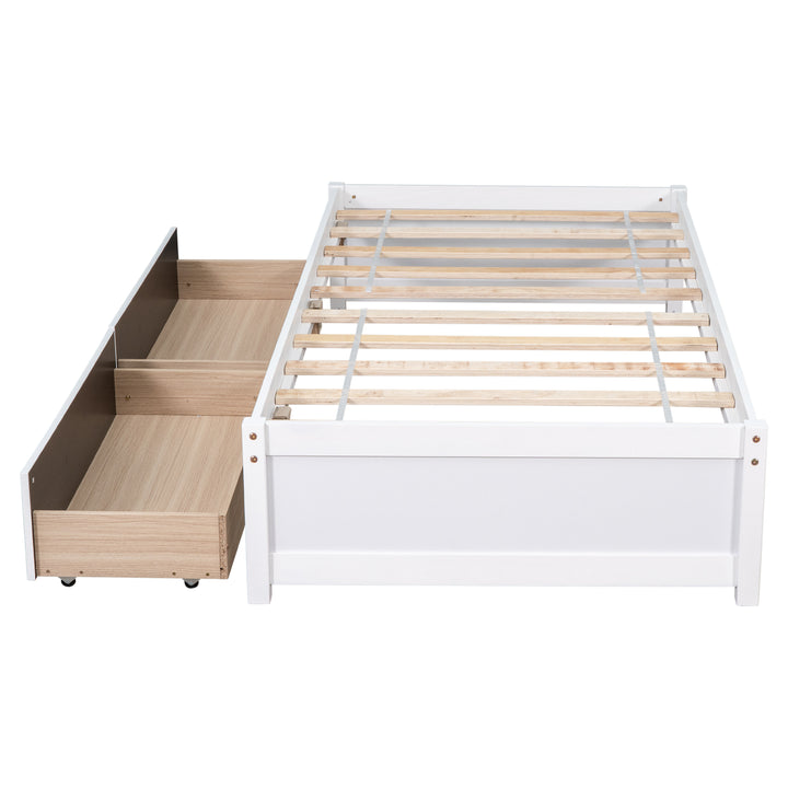 Twin Bed with 2 Drawers, Solid Wood, No Box Spring Needed ,White