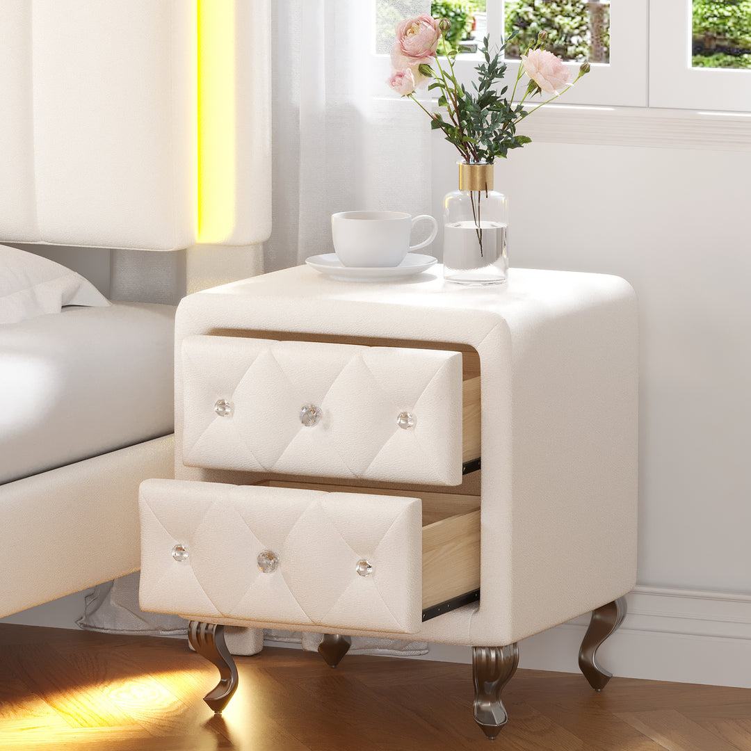 Elegant PU Nightstand with 2 Drawers and Crystal Handle,Fully Assembled Except Legs&Handles,Storage Bedside Table with Metal Legs - White