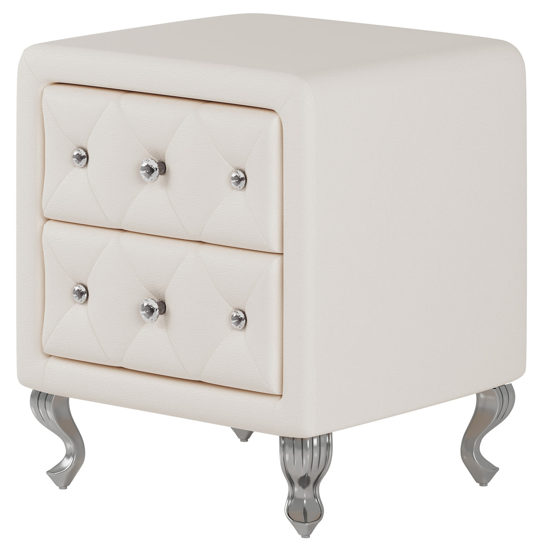 Elegant PU Nightstand with 2 Drawers and Crystal Handle,Fully Assembled Except Legs&Handles,Storage Bedside Table with Metal Legs - White