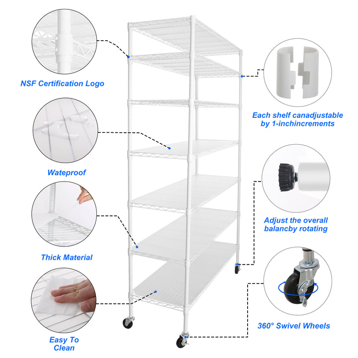 7 Tier Wire Shelving Unit, 2450 LBS NSF Height Adjustable Metal Garage Storage Shelves with Wheels, Heavy Duty Storage Wire Rack Metal Shelves - White