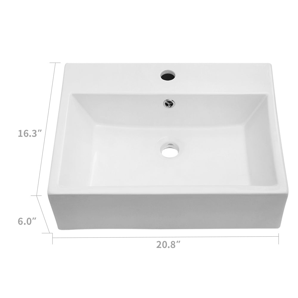 21"x16" White Ceramic Rectangular Wall Mounted Bathroom Sink with Faucet Hole and Overflow