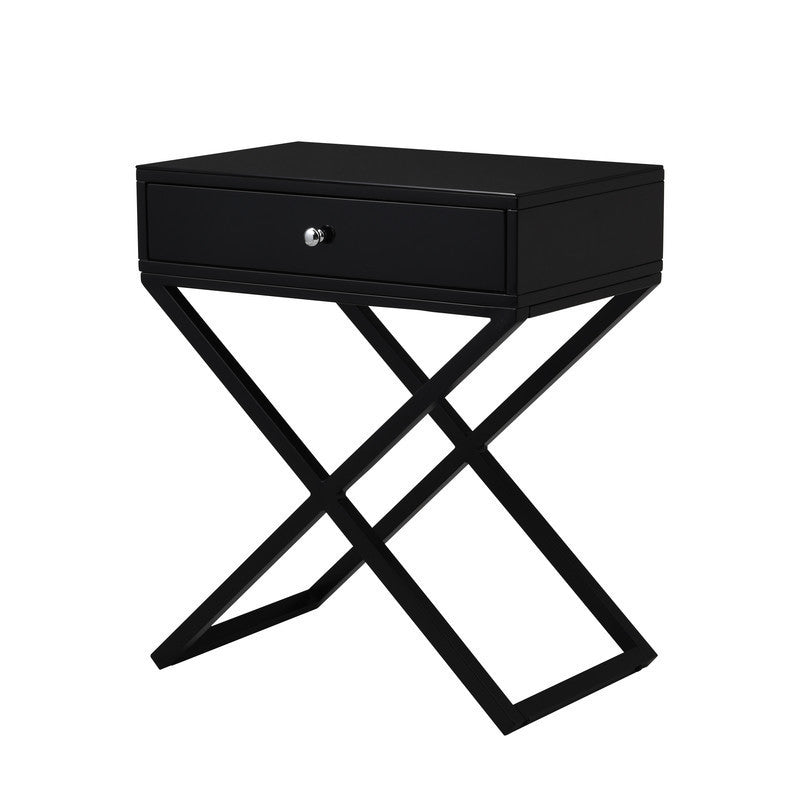 Koda 23" Black Wooden End Side Table Nightstand with Glass Top, Drawer and Metal Cross Base