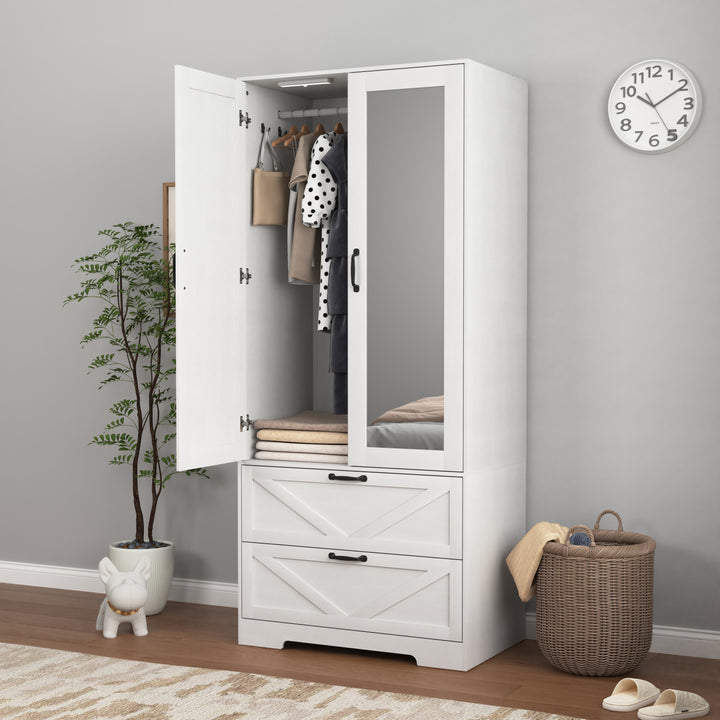 2 Door Wood Wardrobe for Bedroom with Hanging Clothing Rod inside the Cabinet and 2 Drawers for Storage Organization, Built-in induction light Multifunctional Closet with Mirror, White