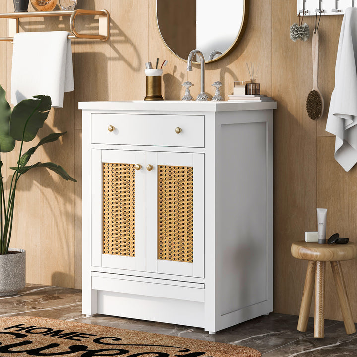 24" Bathroom vanity with Single Sink, White Combo Cabinet Undermount Sink, Bathroom Storage Cabinet, Solid Wood Frame, Pull-out footrest
