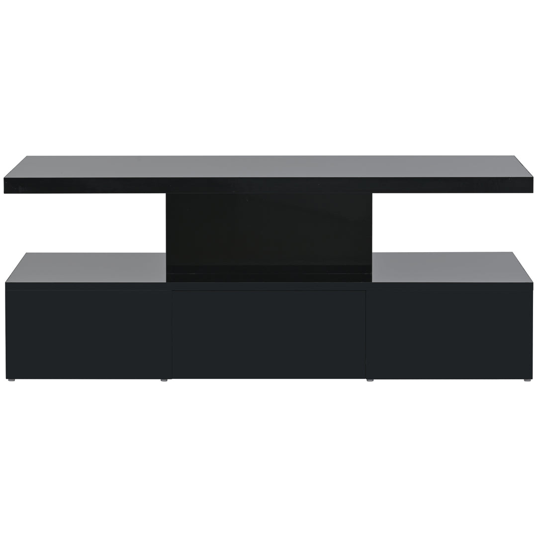 ON-TREND Modern Glossy Coffee Table With Drawer, 2-Tier Rectangle Center Table with LED lighting for Living room, 39.3''x19.6''x15.3'', Black