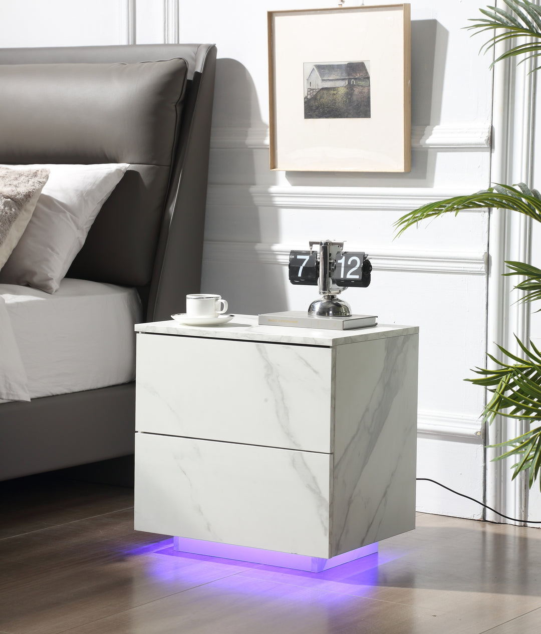 Nightstands LED Side Tables Bedroom Modern End Tables with 2 Drawers for Living Room Bedroom White