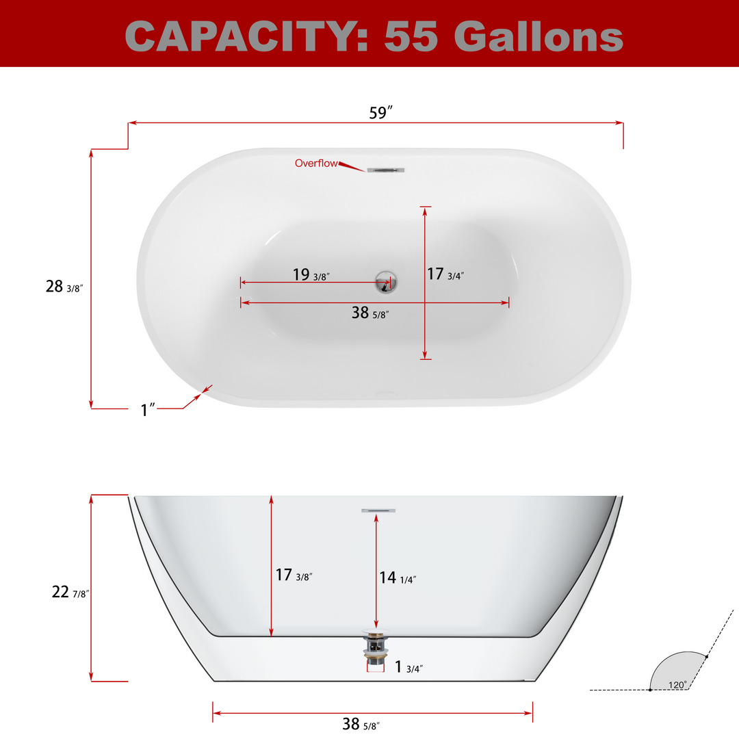 Lustrous White Acrylic Freestanding Soaking Bathtub with Chrome Overflow and Drain, cUPC Certified - 59*28.8 22A09-60