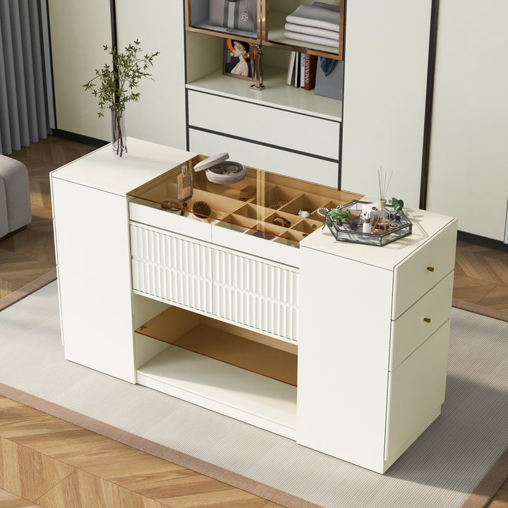 Modern Luxury Multi-Functional Island Vanity Dresser and Storage Cabinet with Glass Tabletop, Display Shelf,6 Drawers for Walk-in-Wardrobe and Bedroom