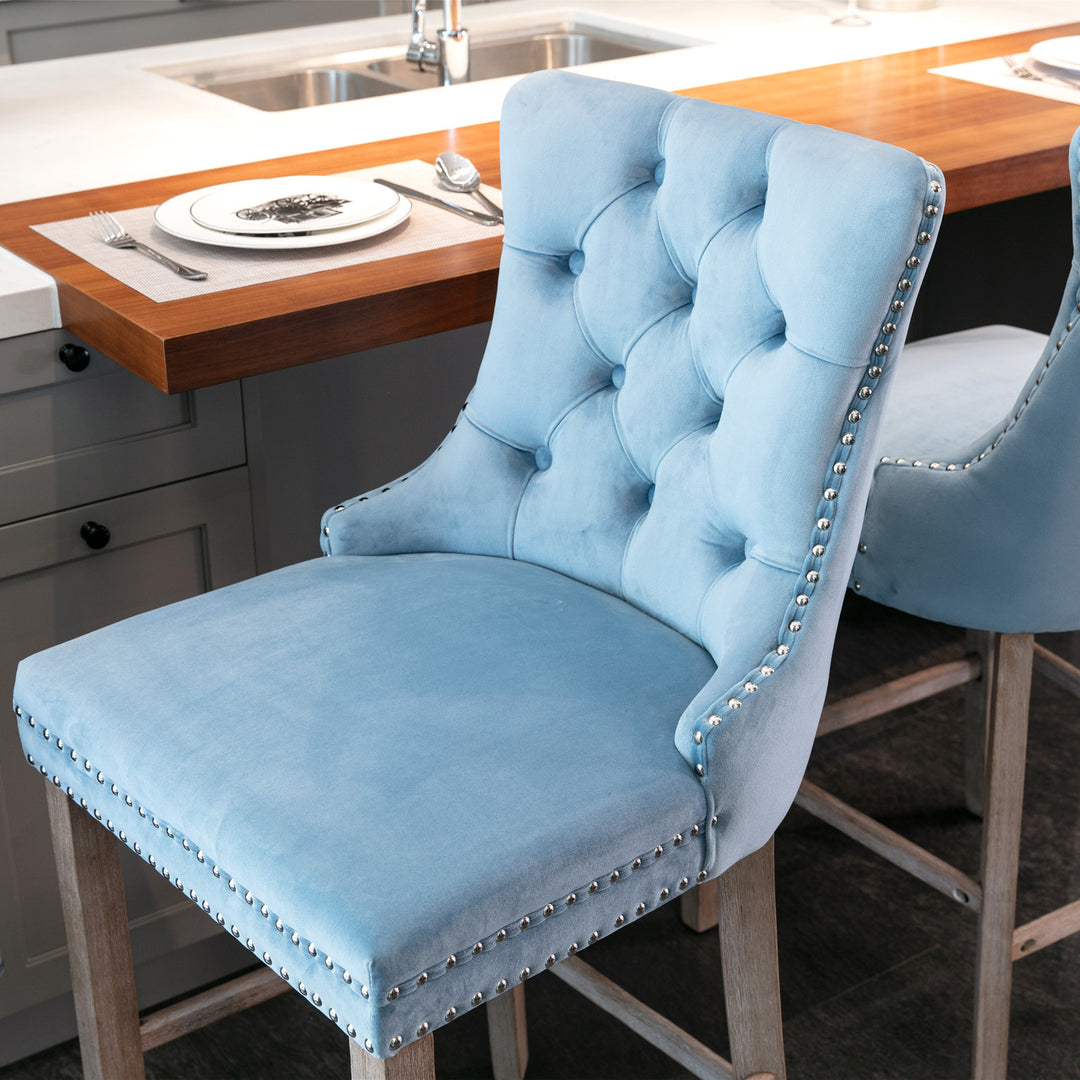 Contemporary Velvet Upholstered Barstools with Button Tufted Decoration and Wooden Legs, and Chrome Nailhead Trim, Leisure Style Bar Chairs,Bar stools, Set of 2 (Light Blue), 1902LB