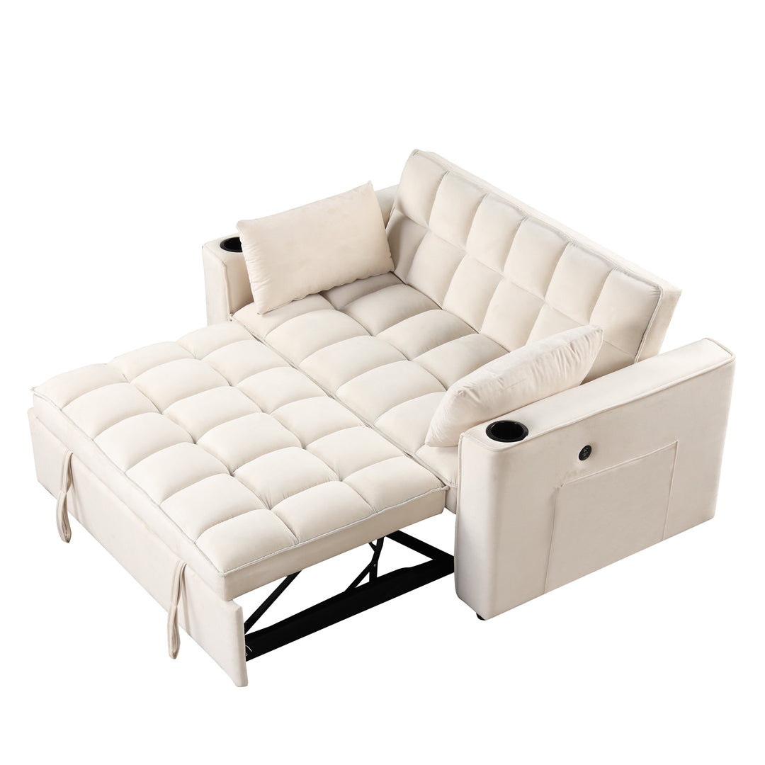 55.3" 4-1 Multi-functional Sofa Bed with Cup Holder and USB Port for Living Room or Apartments Milky White