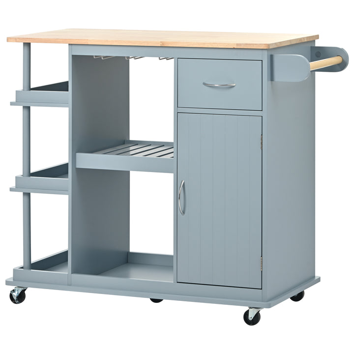 Multipurpose Kitchen Cart Cabinet with Side Storage Shelves,Rubber Wood Top, Adjustable Storage Shelves, 5 Wheels, Kitchen Storage Island with Wine Rack for Dining Room, Home,Bar,Grey Blue