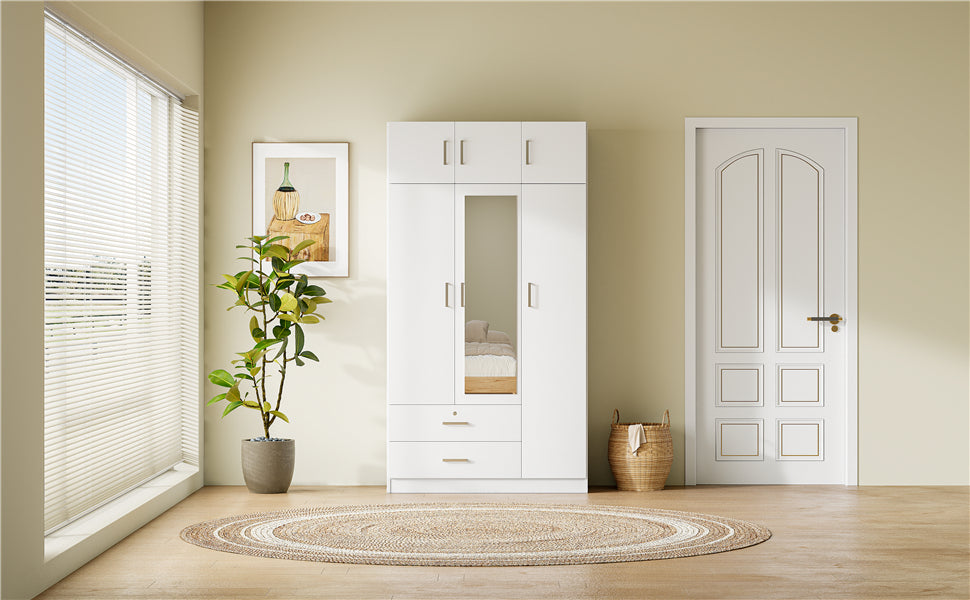 3-Door Mirror  Wardrobe with 2 Drawers and Top Cabinet,White