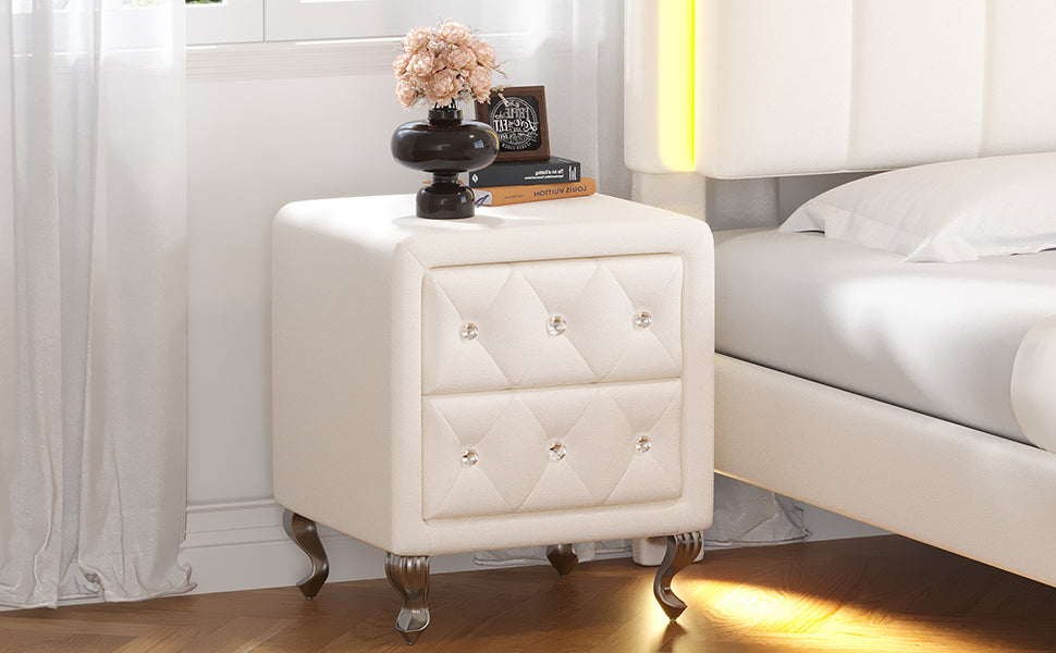 Elegant PU Nightstand with 2 Drawers and Crystal Handle,Fully Assembled Except Legs&Handles,Storage Bedside Table with Metal Legs - White