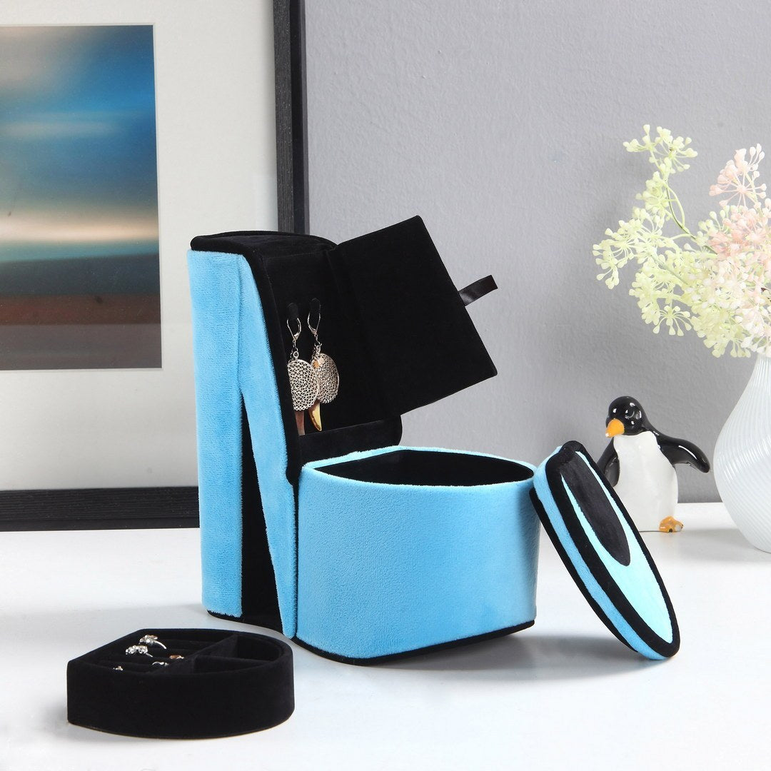 9" Tall Display Jewelry Box with Hidden Storage, High Heel Shoe Design, Turquoise Velvet