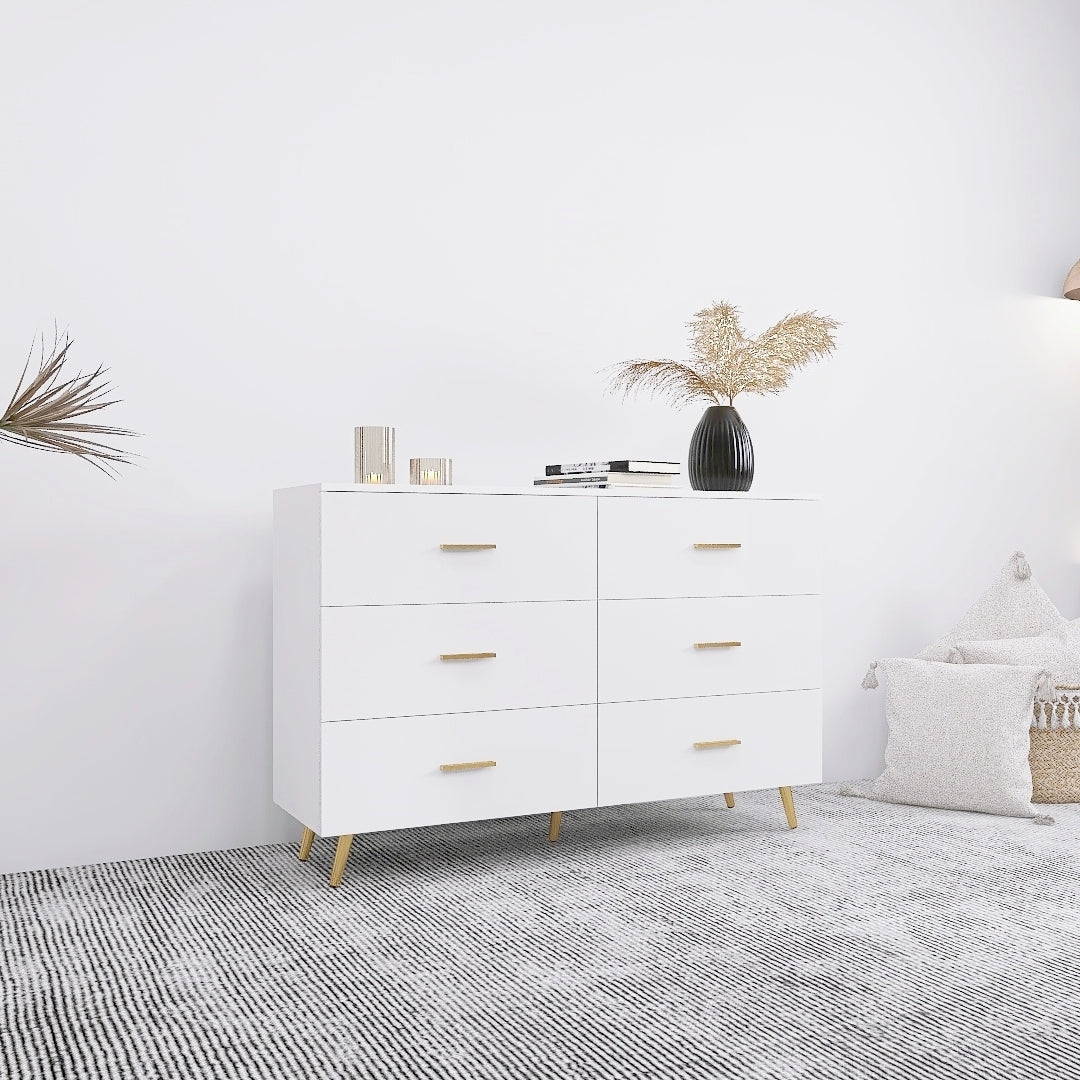 High Glossy Surface 6 Drawers Chest of Drawer with Golden Handle and Golden Steel Legs White Color Vanity