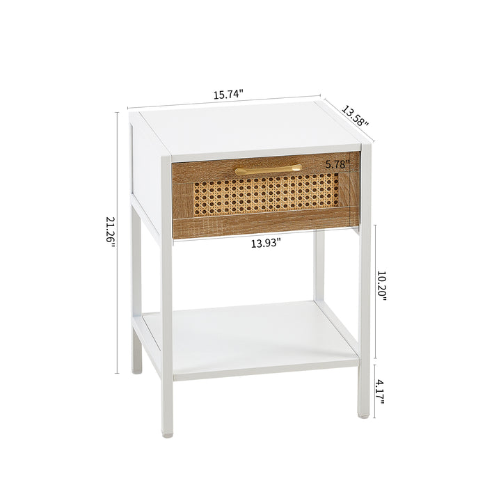 Set of 2, 15.74" Rattan End table with  drawer, Modern nightstand, metal legs,side table for living room, bedroom,white