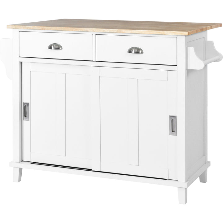 Kitchen Cart with Rubber wood Drop-Leaf Countertop, Concealed sliding barn door adjustable height,Kitchen Island on 4 Wheels with Storage Cabinet and 2 Drawers,L52.2xW30.5xH36.6 inch, White