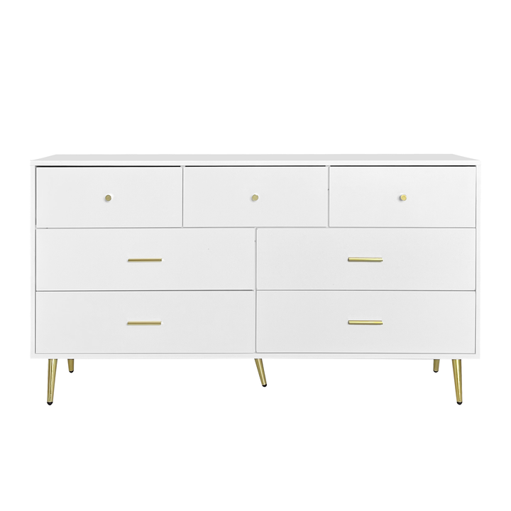 Seven Drawers Large Chest of Drawer Cabinet with Golden Handle and Golden Legs White Color