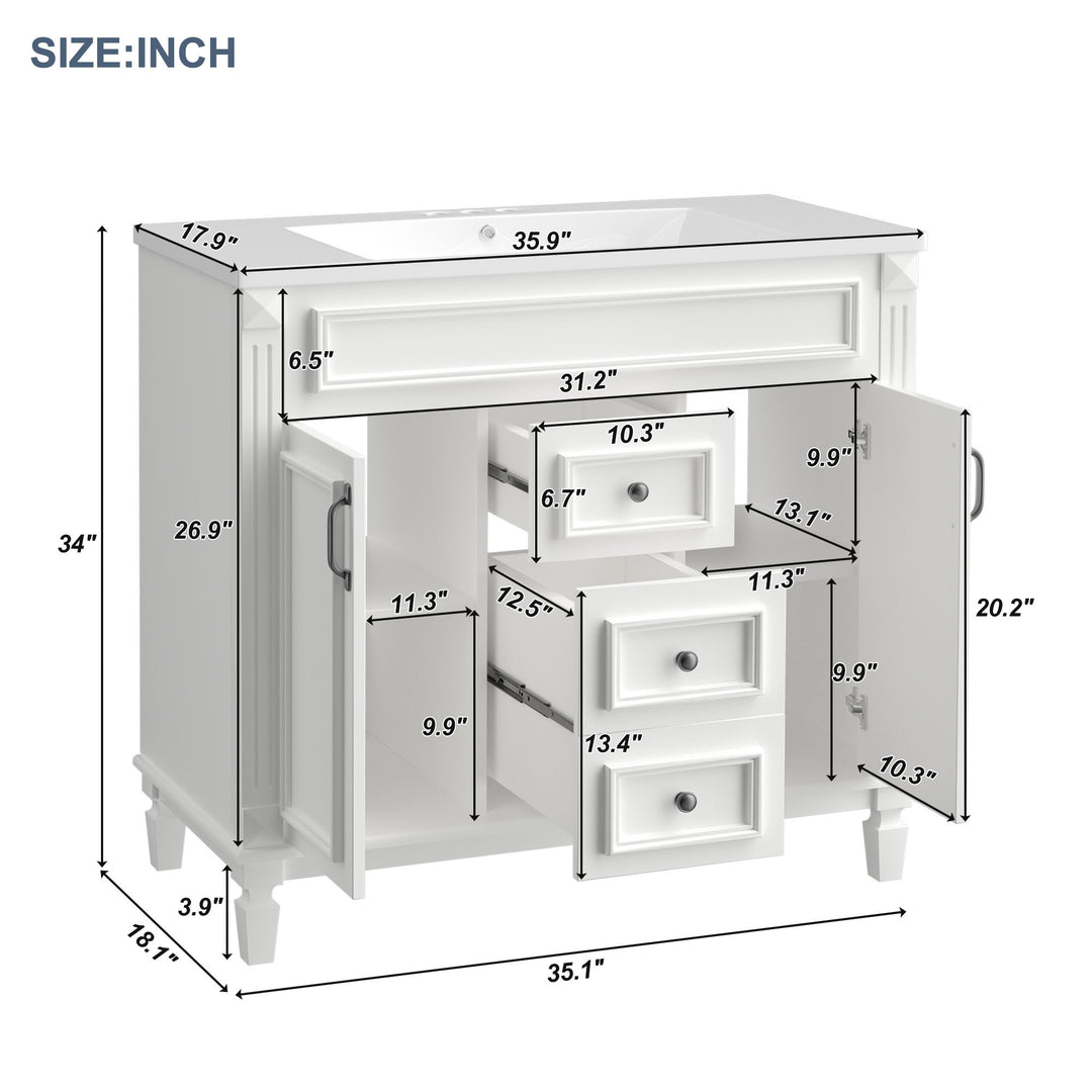 36'' Bathroom Vanity with Top Sink, White Mirror Cabinet, Modern Bathroom Storage Cabinet with 2 Soft Closing Doors and 2 Drawers, Single Sink Bathroom Vanity