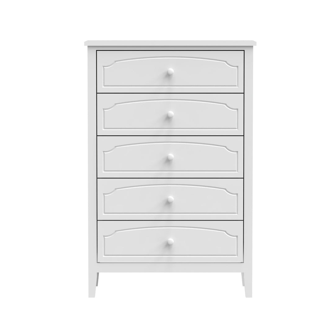 White Contemporary Roman Style, Solid Wood 5 Drawers Chest Bedroom Furniture, Drawer Storage, Tall Chest, Dresser 5 Drawers For Living Room, Entryway. Paint Sprayed Finishing