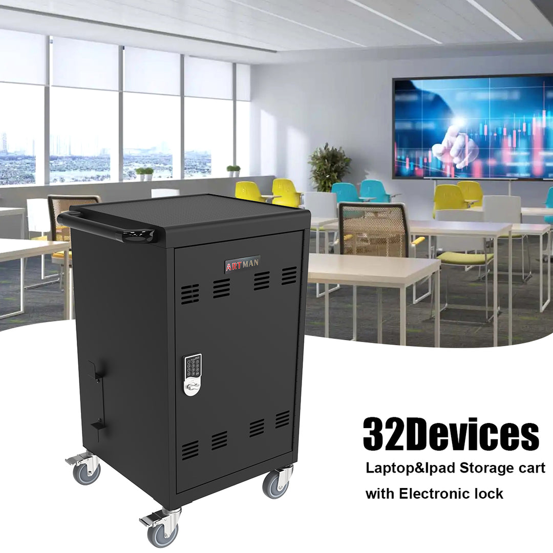 Mobile Charging Cart and Cabinet for Tablets Laptops 30-Device With Combination Lock--Black