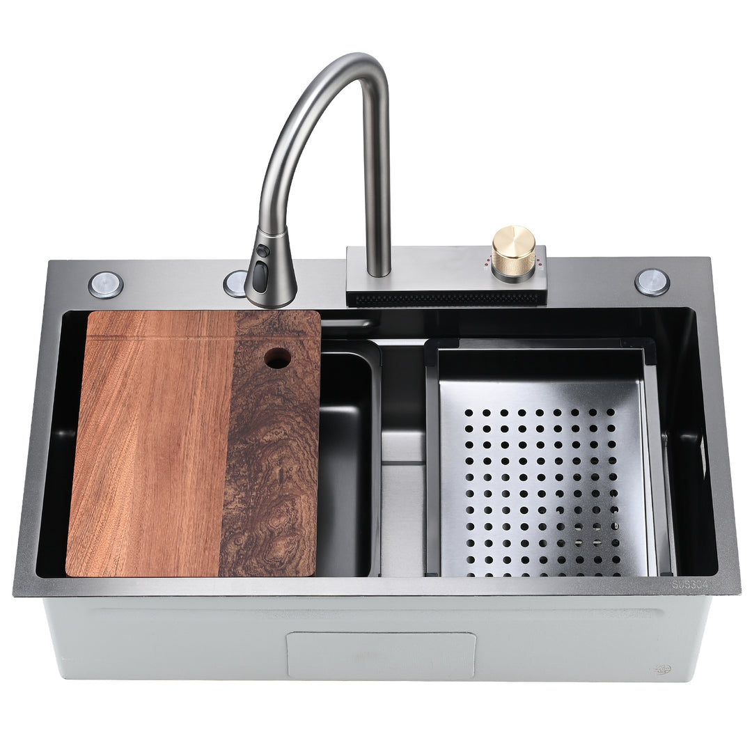 Kitchen Sink Flying rain Waterfall Kitchen Sink Set 30"x 18" 304 Stainless Steel Sink with Pull Down Faucet, and Accessories