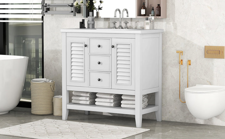 36" Bathroom Vanity with Ceramic Basin, Two Cabinets and Drawers, Open Shelf, Solid Wood Frame, White (OLD SKU: SY999101AAK)