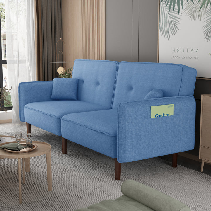 Living Room Bed Room Leisure Futon Sofa bed in Blue Fabric with Solid Wood Leg