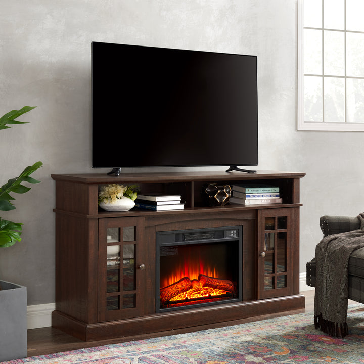 Classic TV Media Stand Modern Entertainment Console with 23" Fireplace Insert for TV Up to 65" with Open and Closed Storage Space, Espresso, 58.25"W*15.75"D*32"H