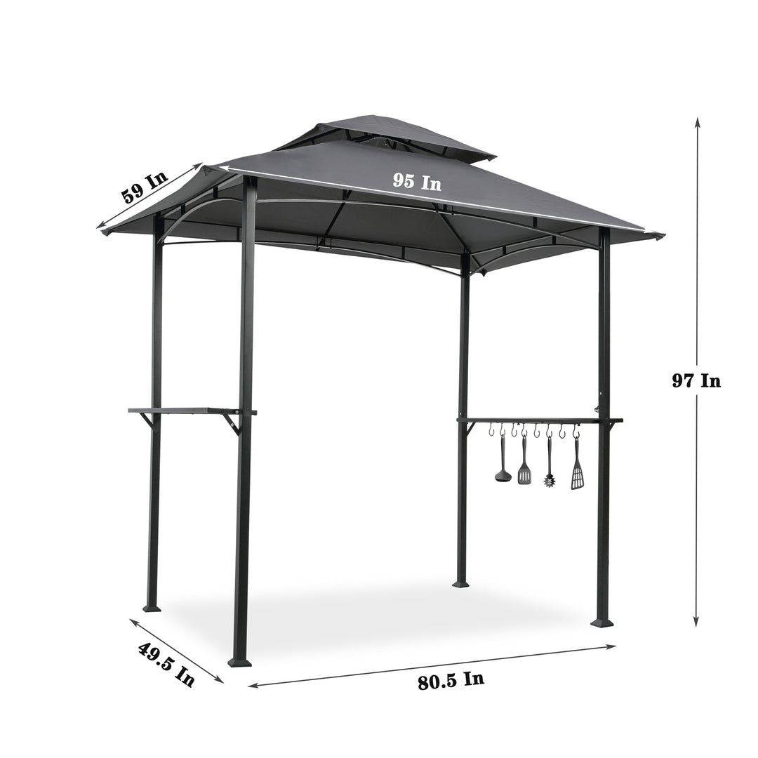 Outdoor Grill Gazebo 8 x 5 Ft, Shelter Tent, Double Tier Soft Top Canopy and Steel Frame with hook and Bar Counters, Grey