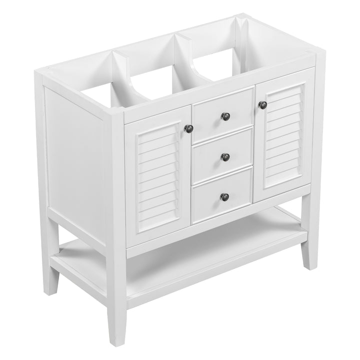 36" Bathroom Vanity without Sink, Cabinet Base Only, Two Cabinets and Drawers, Open Shelf, Solid Wood Frame, White