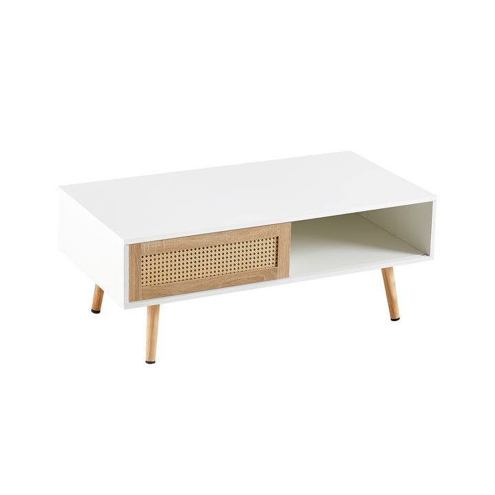 41.34" Rattan Coffee table, sliding door for storage, solid wood legs, Modern table  for living room ,White