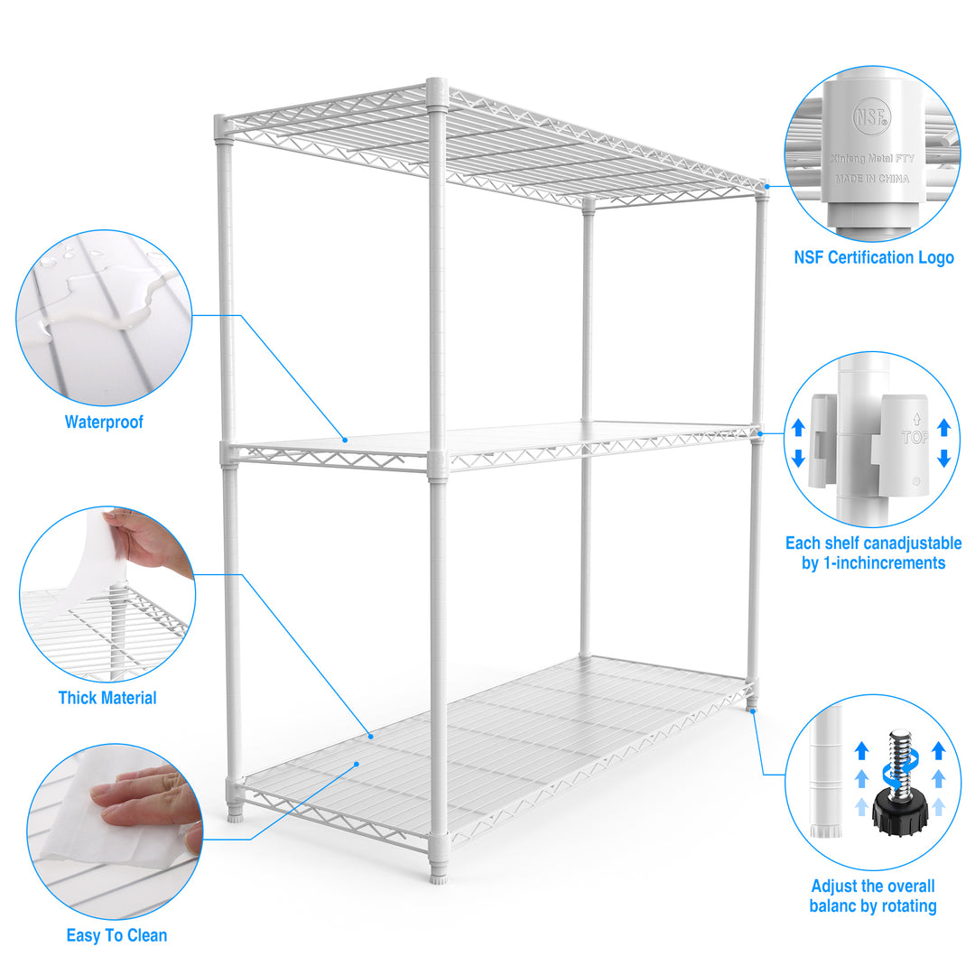 3 Tier Wire Shelving Unit, 1050 LBS NSF Height Adjustable Metal Garage Storage Shelves, Heavy Duty Storage Wire Rack Metal Shelves - White