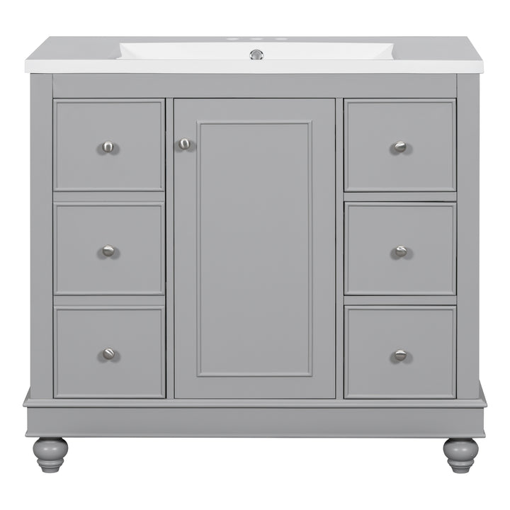 Contemporary Gray Bathroom Vanity Cabinet - 36x18x34 inches, 4 Drawers & 1 Cabinet Door, Multipurpose Storage, Resin Integrated Sink, Adjustable Shelves, Solid Wood Frame with MDF