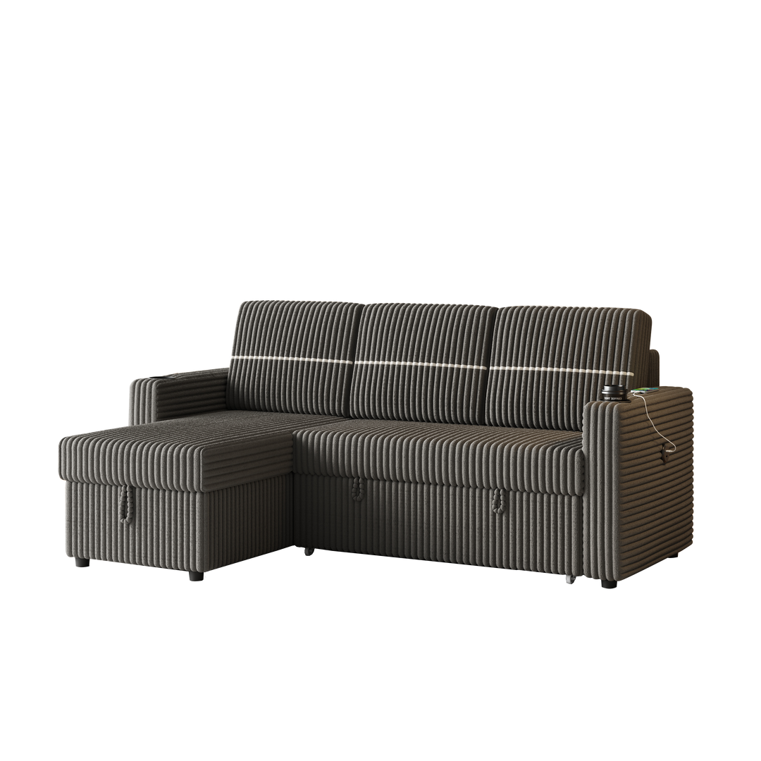 85 Inches Corduroy Sofa Bed, 3 Seater Sleeper Sofa with Storage Chaise, Square Handrail With Two Cup-holder And USB Charge Port, Pull Out Couch for Living Room