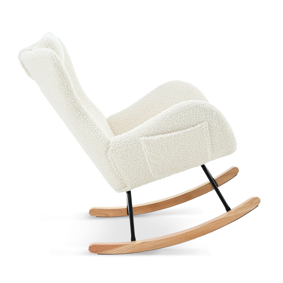 Rocking Chair Nursery, Teddy Upholstered Rocker Glider Chair with High Backrest, Adjustable Headrest & Pocket, Comfy Glider Chair for Nursery, Bedroom, Living Room, Offices, Rubber wood, white