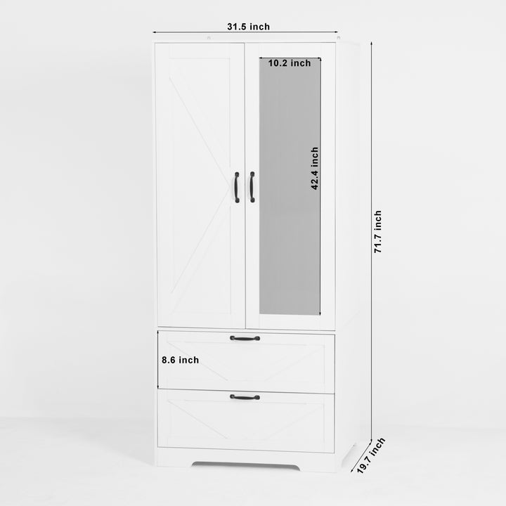 2 Door Wood Wardrobe for Bedroom with Hanging Clothing Rod inside the Cabinet and 2 Drawers for Storage Organization, Built-in induction light Multifunctional Closet with Mirror, White