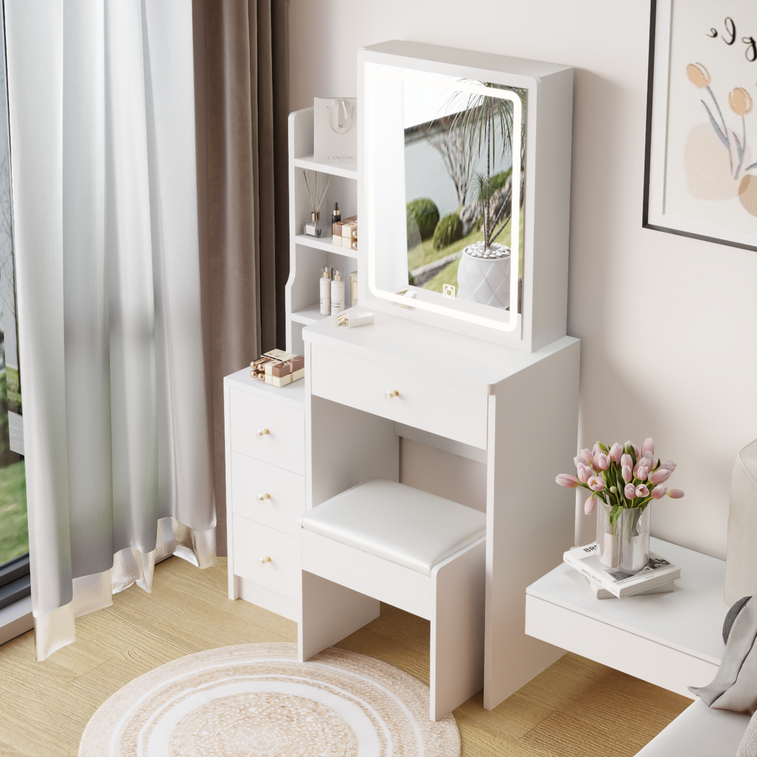 Left Bedside Cabinet Vanity Table + Cushioned Stool, Extra Large Sliding LED Mirror, Touch Control, Tri-color, Brightness Adjustable, Multi-Layer, High Capacity Storage, Practical Fashionable Dresser