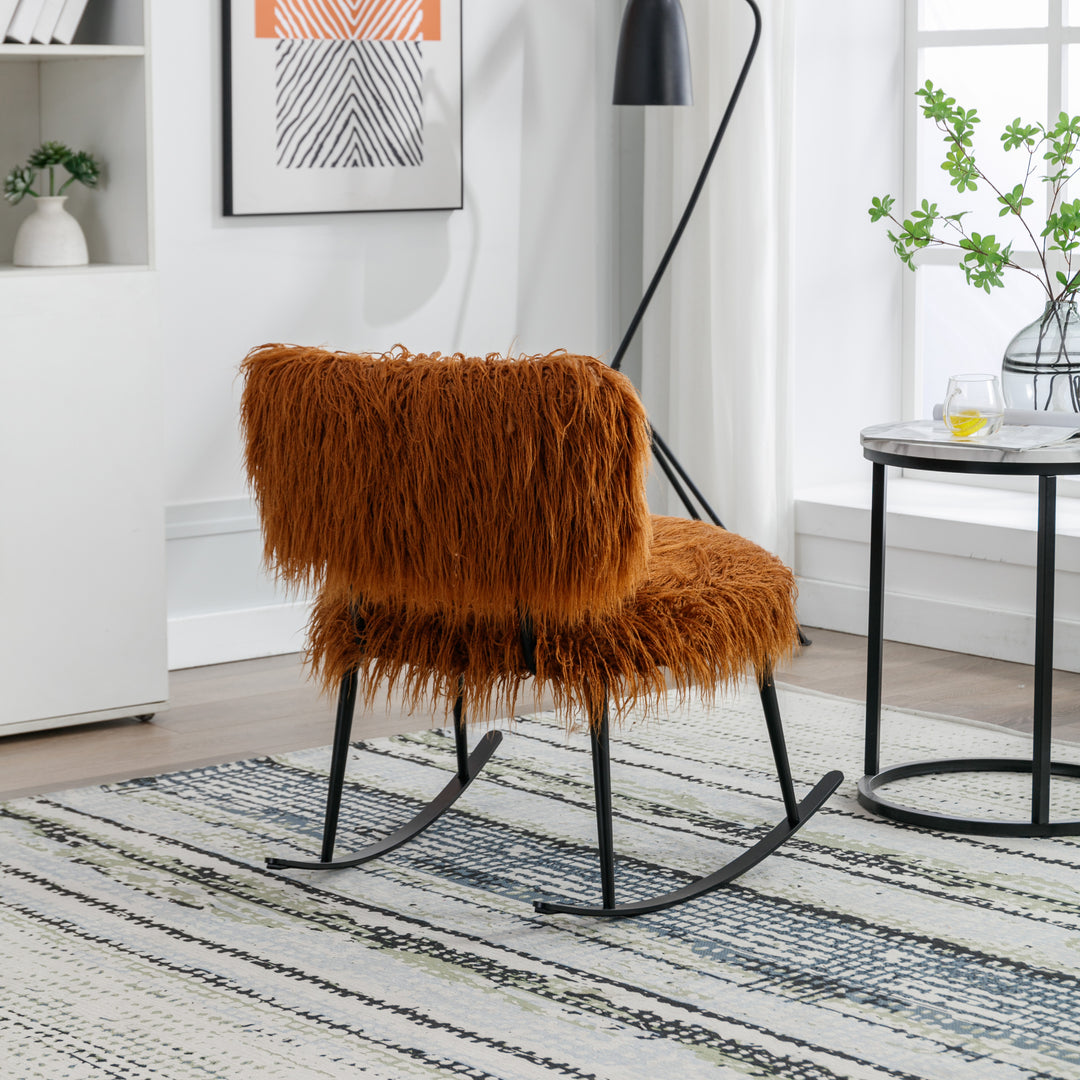 25.2'' Wide Faux Fur Plush Nursery Rocking Chair, Baby Nursing Chair with Metal Rocker, Fluffy Upholstered Glider Chair, Comfy Mid Century Modern Chair for Living Room, Bedroom (Caramel)