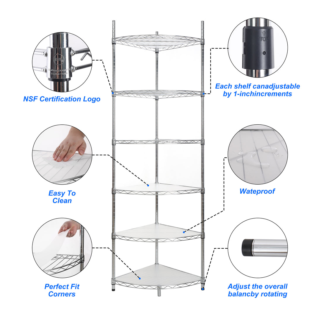 6 Tier Shelf Corner Wire Shelf Rack Adjustable Metal Heavy Duty Free Standing Corner Storage Display Chrome Rack for Bathroom, Living Room, Kitchen - Chrome