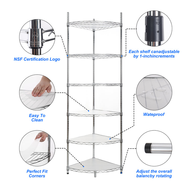 6 Tier Shelf Corner Wire Shelf Rack Adjustable Metal Heavy Duty Free Standing Corner Storage Display Chrome Rack for Bathroom, Living Room, Kitchen - Chrome