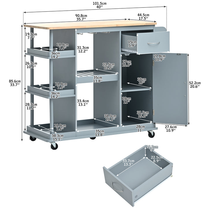 Multipurpose Kitchen Cart Cabinet with Side Storage Shelves,Rubber Wood Top, Adjustable Storage Shelves, 5 Wheels, Kitchen Storage Island with Wine Rack for Dining Room, Home,Bar,Grey Blue