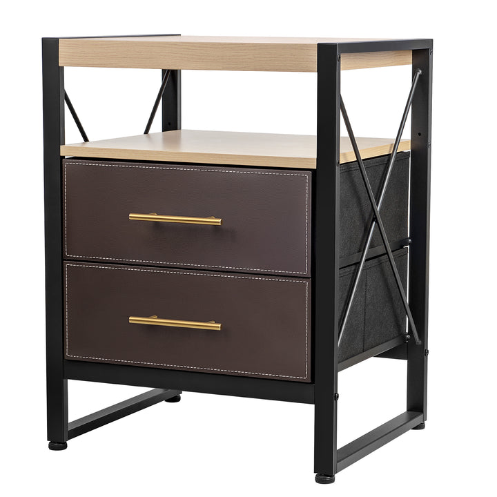 Nightstand with 2 Drawers with Removable Fabric Bins, for Bedroom, Living Room - Sturdy Iron Frame, Wood Top, Gold Pull Handle