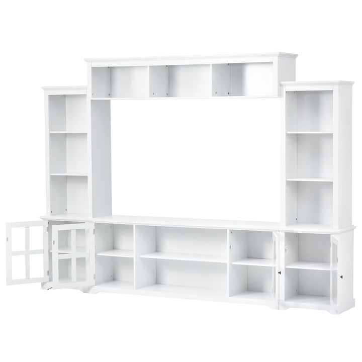 [VIDEO provided] ON-TREND Minimalism Entertainment Wall Unit with Bridge, Modern TV Console Table for TVs Up to 70", Multifunctional TV Stand with Tempered Glass Door, White (Old SKU: SD000009AAK)